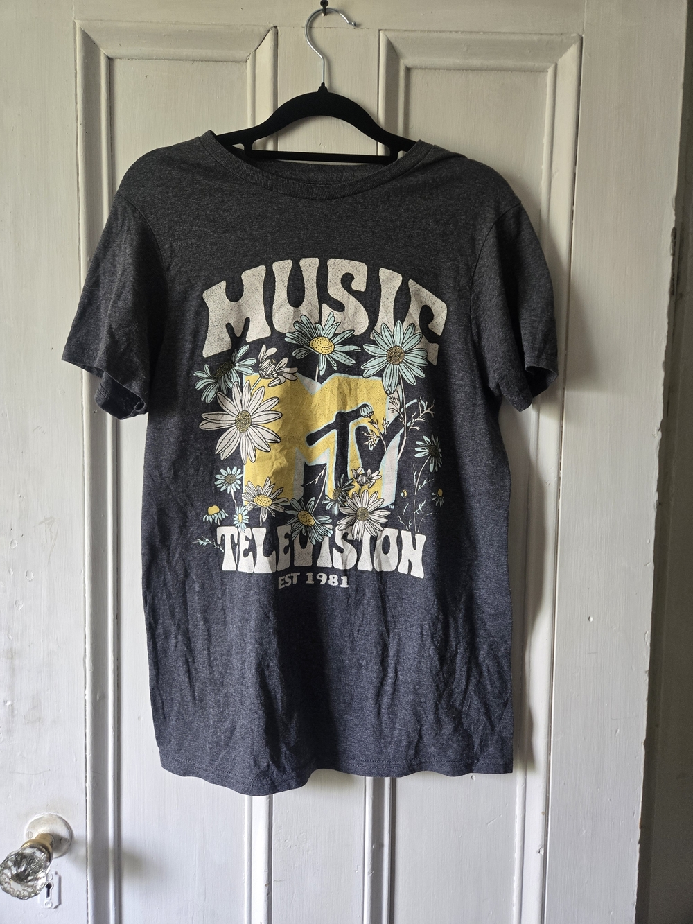 MTV Music Television Graphic Tee - Dark Gray with Yellow & White Floral Print